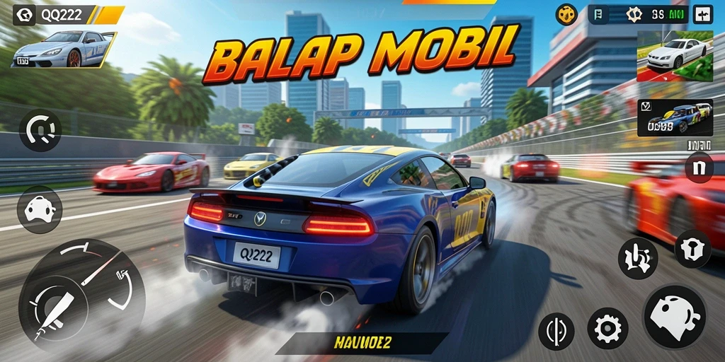 Tampilan utama QQ222 dengan berbagai mobil balap dan trek menantang.