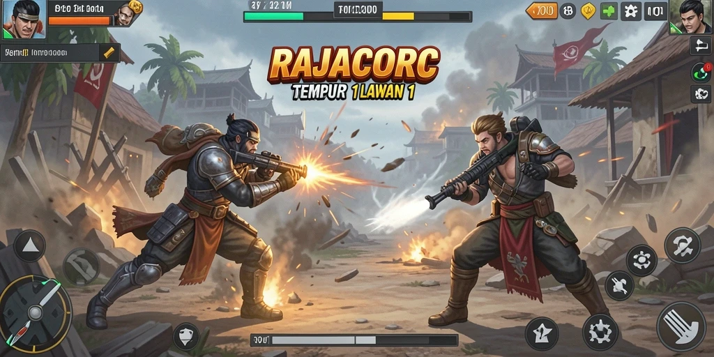 Screenshot utama RAJACORC menampilkan pertarungan seru 1 lawan 1 dengan grafis menarik.